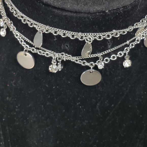 Women's Stunning Rhodium Layered Choker with Discs & Crystal Drops 11+2-inch - Picture 4 of 8